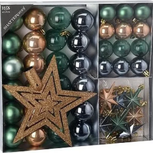 House & Style Kerstballen Versierset Kunststof 45 Delig Groen/Goud/Titanium> Kerstballen